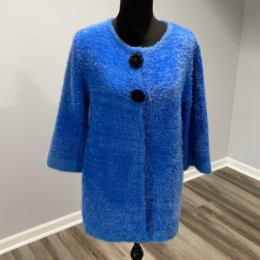 Lauren Michelle Fuzzy Blue Cardigan midhip length
